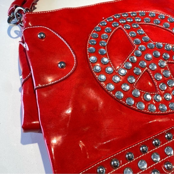 🛍️ 4 for 20$ / Vintage Peace Logo Rhinestone Glossy Faux Leather Handbag - Picture 14 of 16